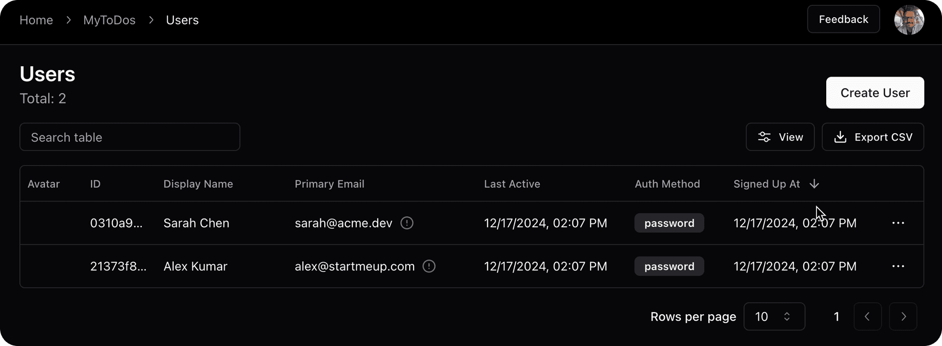 Users in Auth Provider